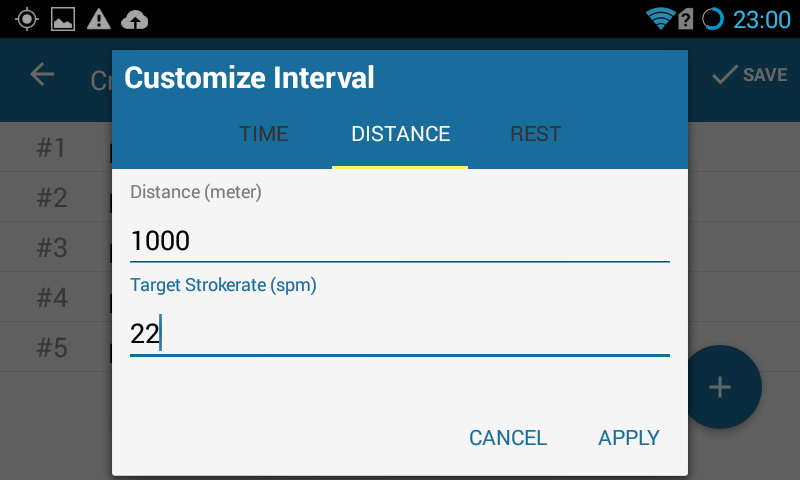 You can specify time, distance or rest intervals with optional target stroke-rate and rest periods.